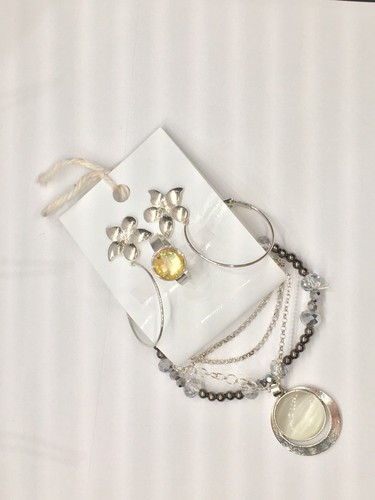 Silver jewelry set, Necklace w/ pendant, Flower studs, hoops, ring & bracelet