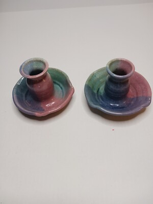 Pottery Artisan Handmade  Pair of Candlesticks  Round 3'' H Glaze-Pastel Colors
