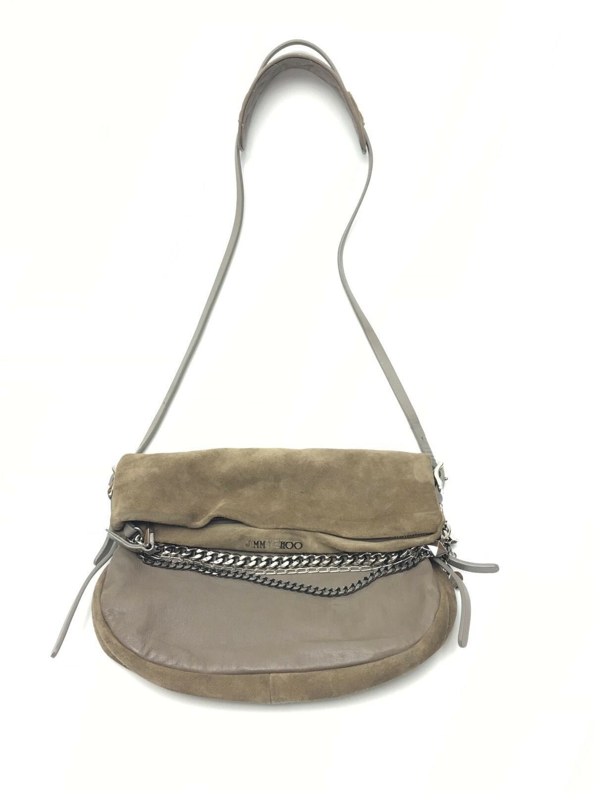 Jimmy Choo Authentic Taupe Grey Suede/ Leather Biker Shoulder Bag W