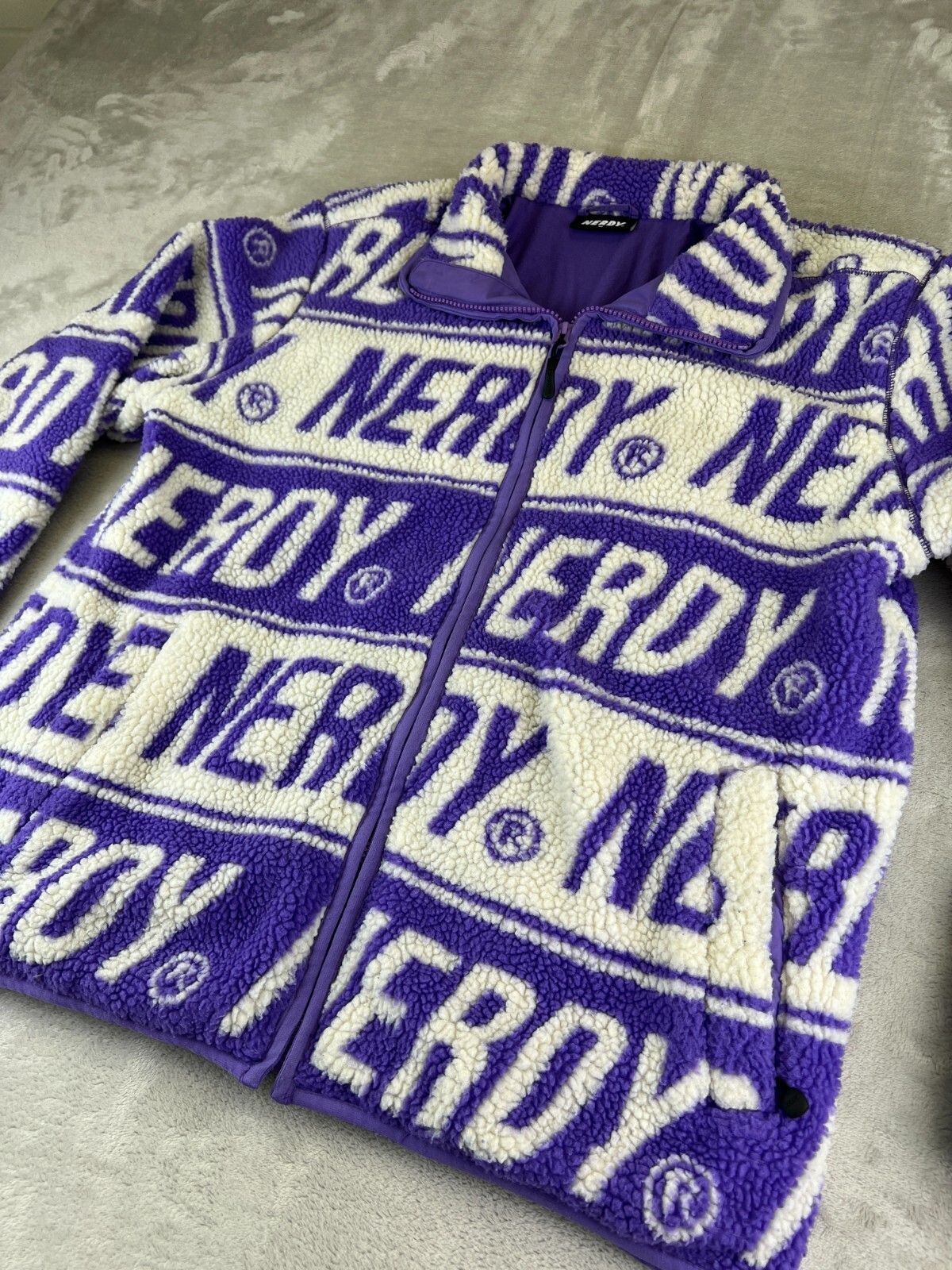 NERDY Fleece Jacket Size MEDIUM Allover Print Logo From