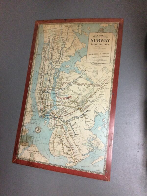original vintage 1947 New York City Subway Station Wall Map Sign Brooklyn Queens