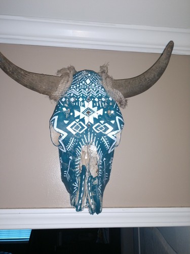 Aztec Hand Painted Skull cow longhorn Western rustic vintage decor hand crafted