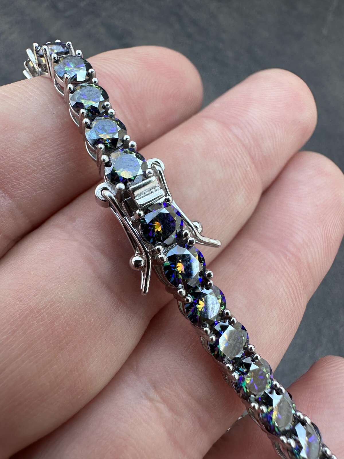 Pre-owned Silver Real Iced Dark Blue Moissanite 5mm Tennis Bracelet 925  Pass Diamond Test