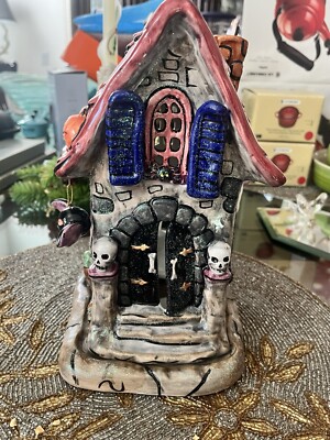 Russ Berrie Halloween Haunted House Spooky Glitter Votive Candle Holder Ceramic