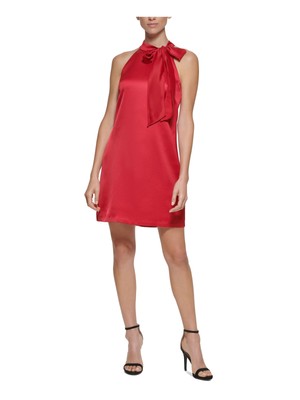 

VINCE CAMUTO Женское атласное короткое прямое платье без рукавов с красной подкладкой и бантом, Красный