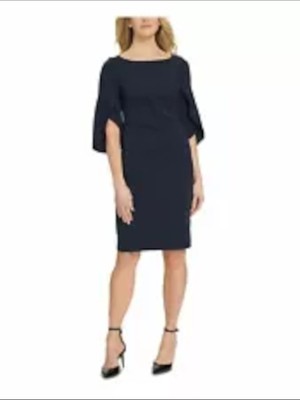 

DKNY Женское темно-синее платье-футляр с круглым вырезом выше колена с рукавом 3/4 Размер, Navy
