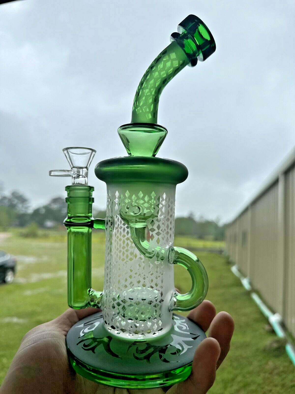 10" Carved craft Glass Bongs Smoking Glass Water Pipe with 14mm Round handle