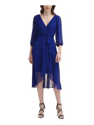 Женское синее миди-платье с воздушным шаром на подкладке и поясом DKNY, которое можно носить на работу в стиле миди с искусственным запахом 6