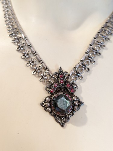 Jacqueline Singh Paris Red Rhinestone Pewter Silver Necklace
