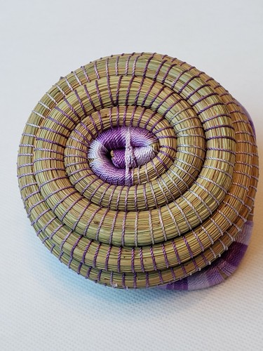 Pine Needle Basket Tightly Woven Purple Thread Scalloped Edge with Lid