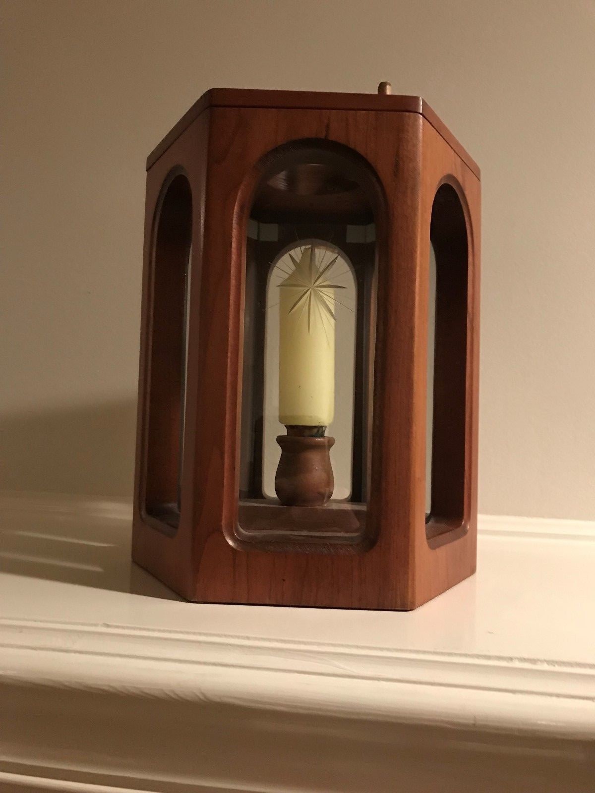 Krantz Colonial WoodKrafts Hand Crafted Candle Holder Etched Glass Hexagonal VTG