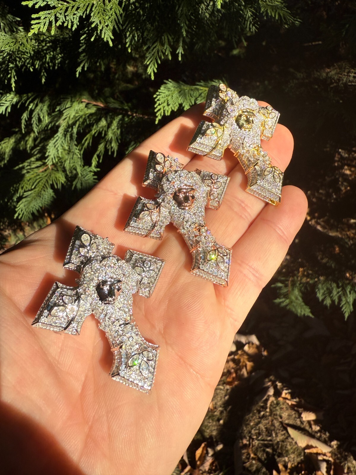 Pre-owned Hip Hop Moissanite 3d Cross Jesus Face Pendant Iced Necklace Real 925 Silver / 14k Gold In White