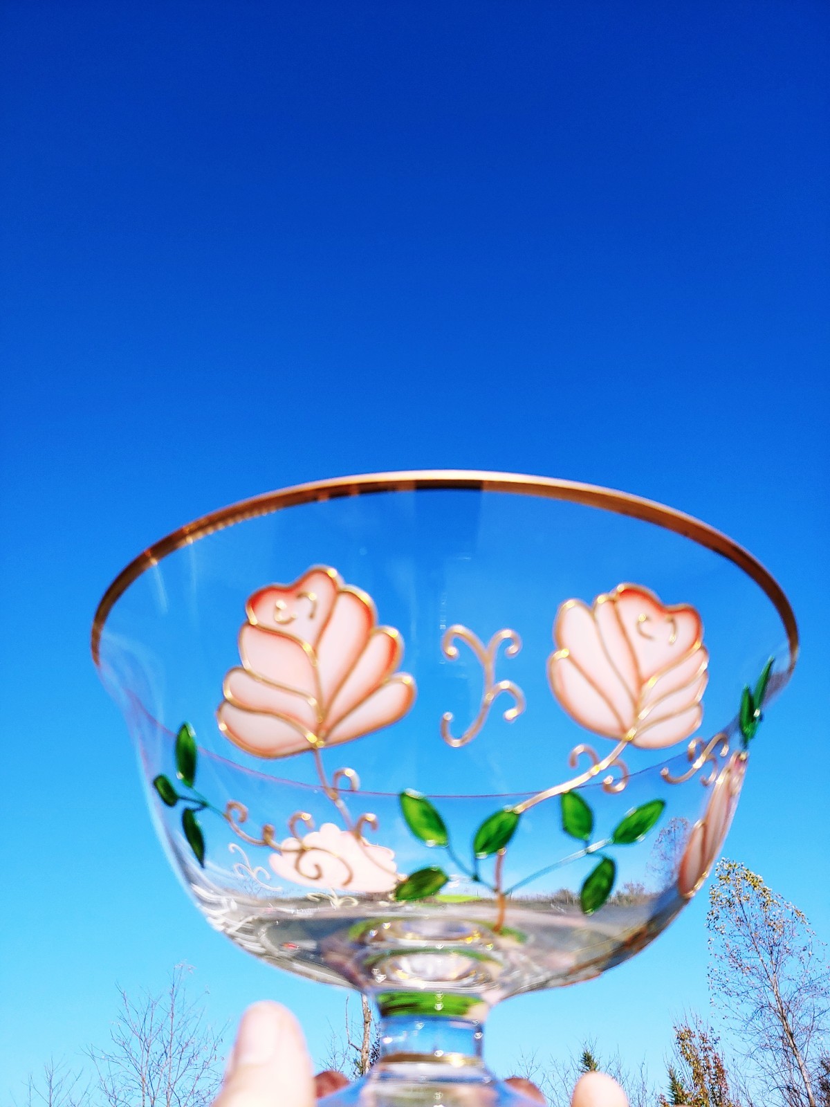 Vintage CRYSTAL CLEAR Romania Handpainted Pedestal Bowl Gold RARE UNIQUE ??j8