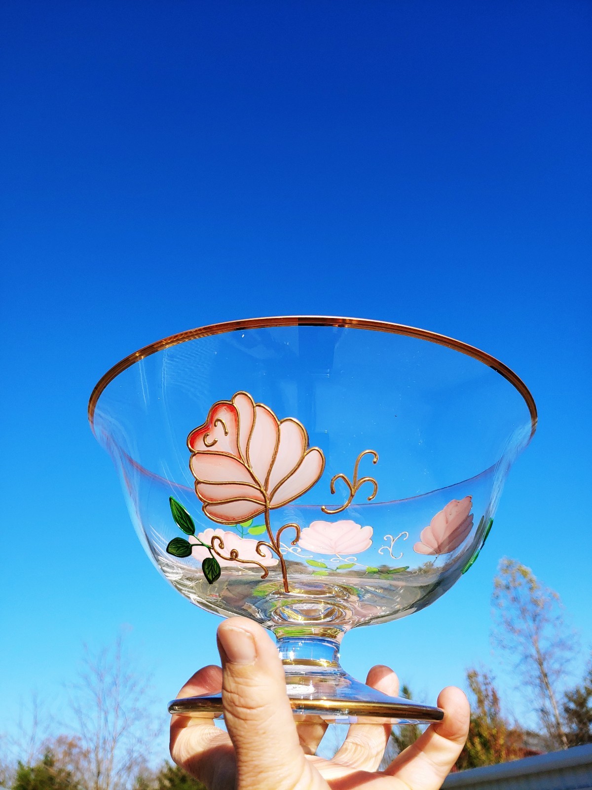 Vintage CRYSTAL CLEAR Romania Handpainted Pedestal Bowl Gold RARE UNIQUE ??j8