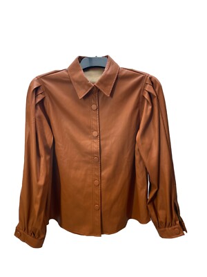 Faux Leather Top Blouse Tan Size M Vegan MNG MANGO Long Sleeve Puff sleeve