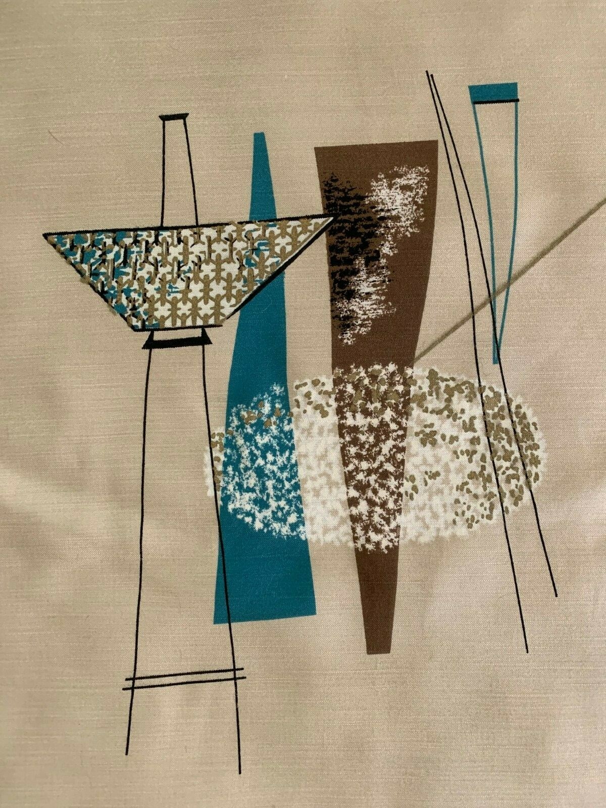 VTG  MCM MID CENTURY ATOMIC GEOMETRIC BARKCLOTH FABRIC CURTAIN BLUE TAN Teal