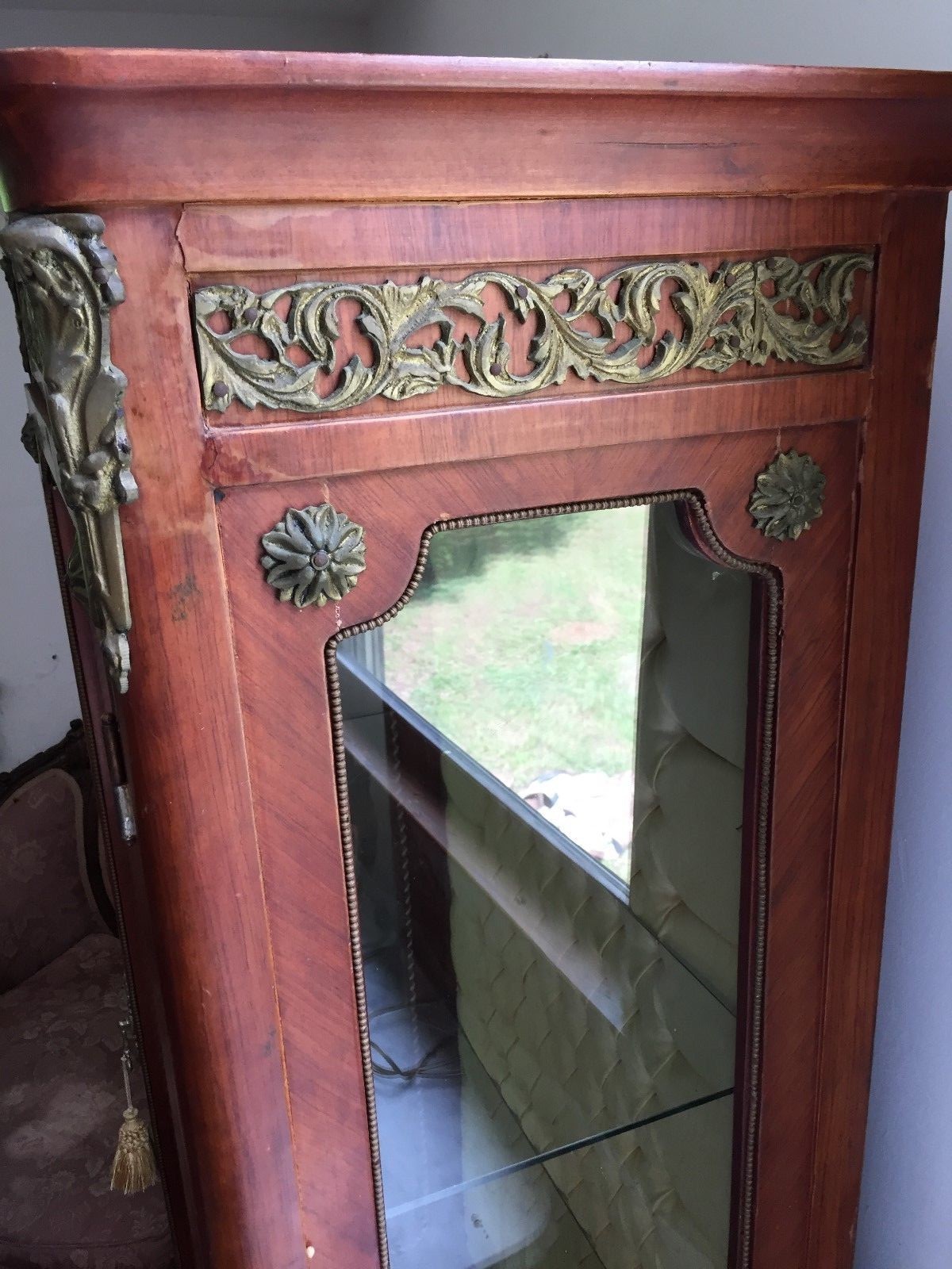 Antique Vitrine Tufted Back French Curio Cabinet
