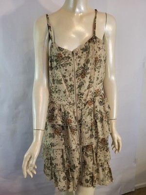 Mine Women's Large Ruffle Dress 100% Cotton Beige  Floral Boho Zipper Spaghetti