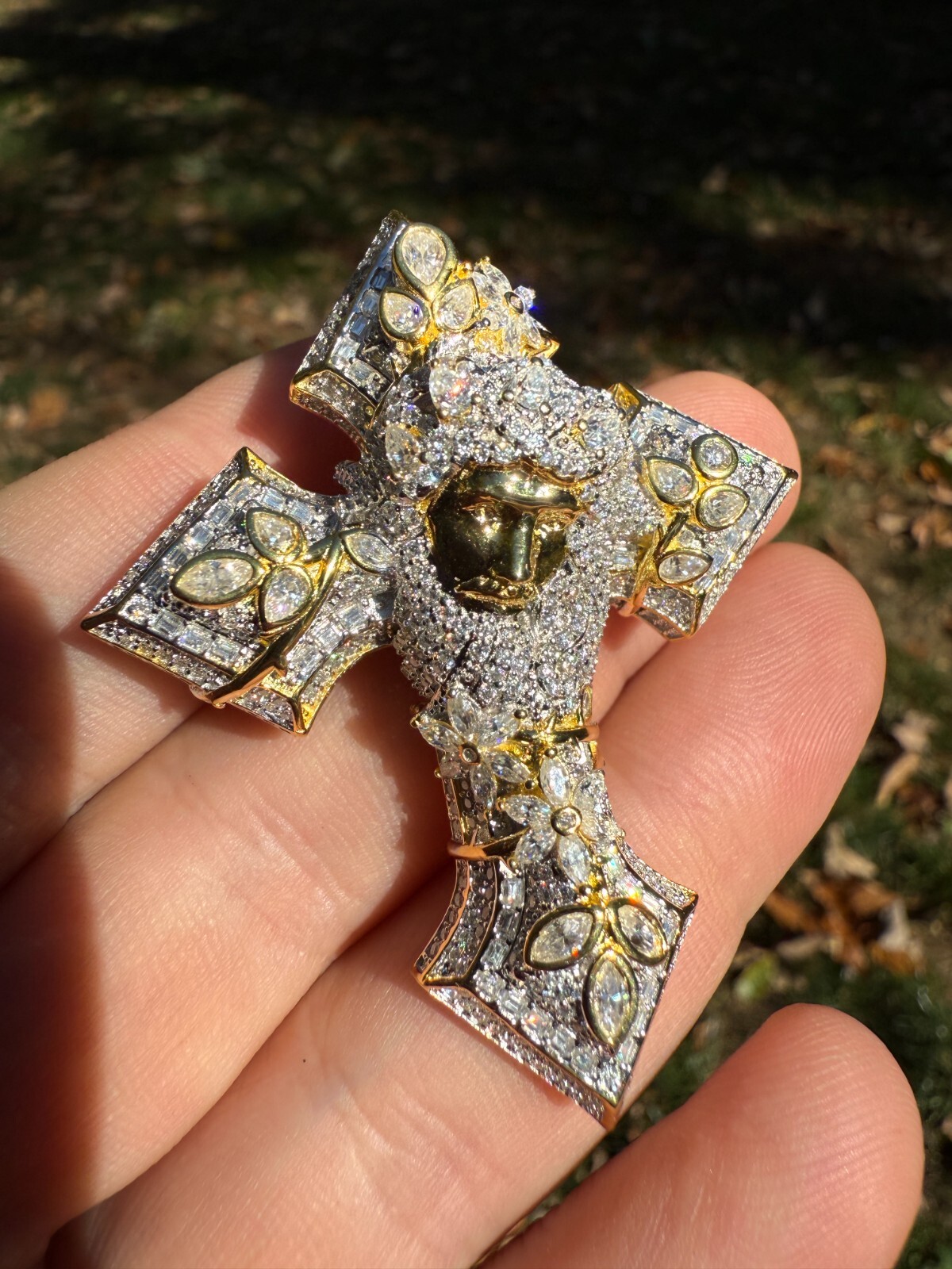 Pre-owned Hip Hop Moissanite 3d Cross Jesus Face Pendant Iced Necklace Real 925 Silver / 14k Gold In White