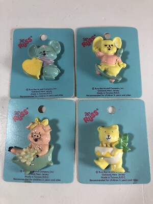 4 Vintage Russ Hook and Loop Pin Brooches Koala Mouse Pig Bear NEW So Cute!
