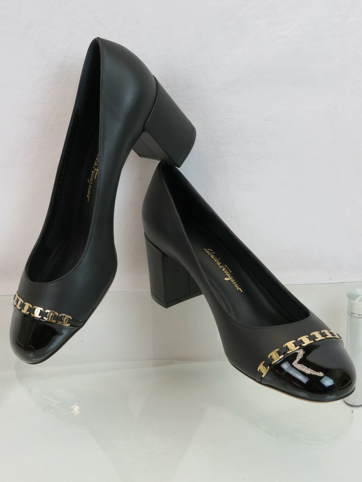 Pre-owned Ferragamo Avella Black Leather Gold Gancini Chain Patent Cap Toe Pumps 8.5 C