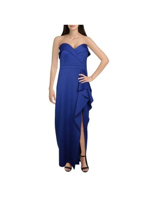 XSCAPE Womens Navy Zippered Off Shoulder Full-Length Evening Sheath Dress 8