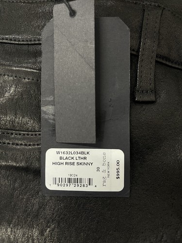 Pre-owned Rag & Bone $995  Black Leather High Rise Skinny Size:30