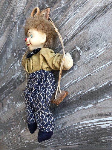 VINTAGE MARIONETTE STRING PUPPET CLOWN ON SWING HANGING PORCELAIN FACE
