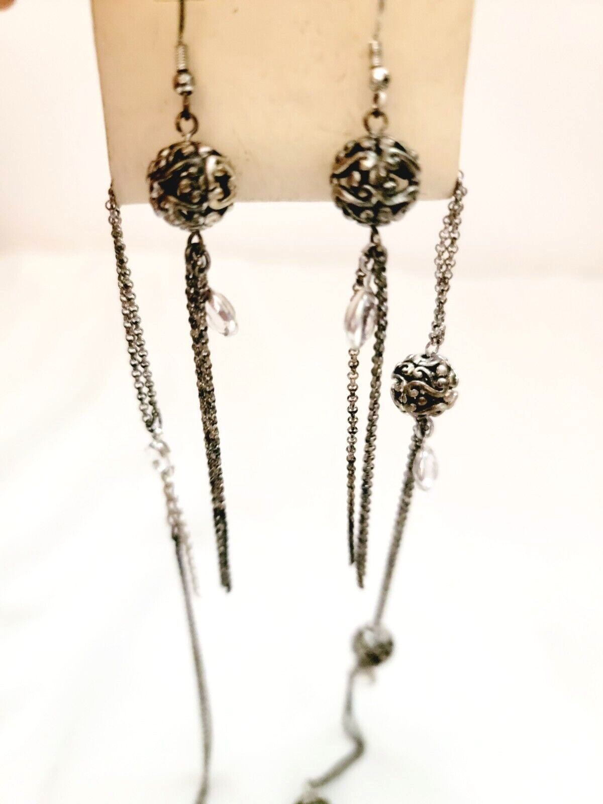 Envy Bezel Crystal Scroll Filigree Ball Beads Silver Tone Earrings & Necklace View 4