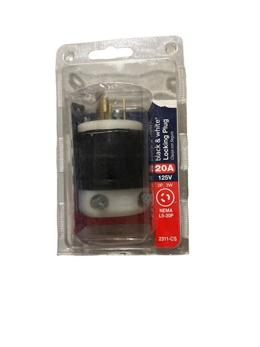 LEVITON PLUS+PRO BLACK & WHITE LOCKING PLUG 20A 2311-CS 2P 3W NEMA L5-20P