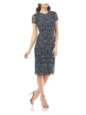 

JS COLLECTION Женское темно-синее сетчатое платье с вышивкой и подкладкой с короткими рукавами, Navy