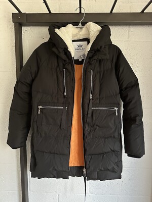 NWOT OROLAY Puffer Duck Down SIZE XS Jacket Coat Parka Black Hooded Sherpa Women