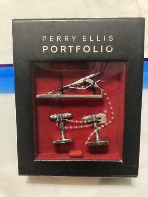 Perry Ellis Portfolio Cuff Links & Tie Clip Black & Silver Color