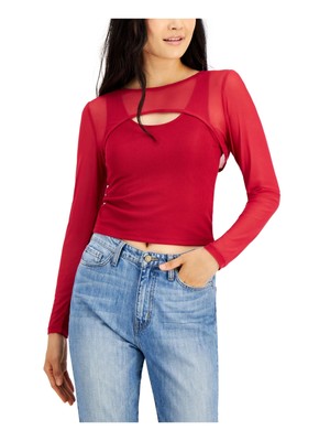 

CRAVE FAME Женское красное сетчатое укороченное болеро с длинным рукавом и вырезом лодочкой для юниоров, Красный