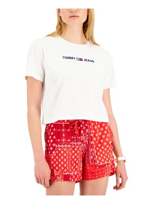 

TOMMY JEANS Женская белая эластичная короткая футболка с круглым вырезом и короткими рукавами, Белый