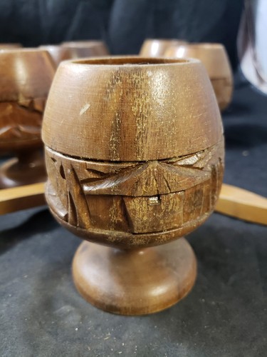 Vtg TIKI WOODEN 10 CUP SERVING PUNCH BOWL cups & LADLE Bonus carved Vase