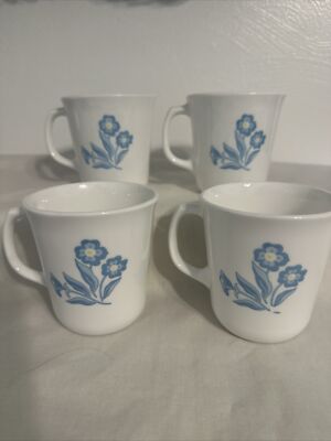 Vintage Corelle Corning Ware Blue Cornsilk Coffee Mugs Cups - Set Of 4