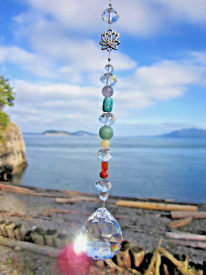 7 CHAKRA SUNCATCHER 40MM MULTI-FACETED CRYSTAL GENUINE SEMI-PRECIOUS GEMSTONES