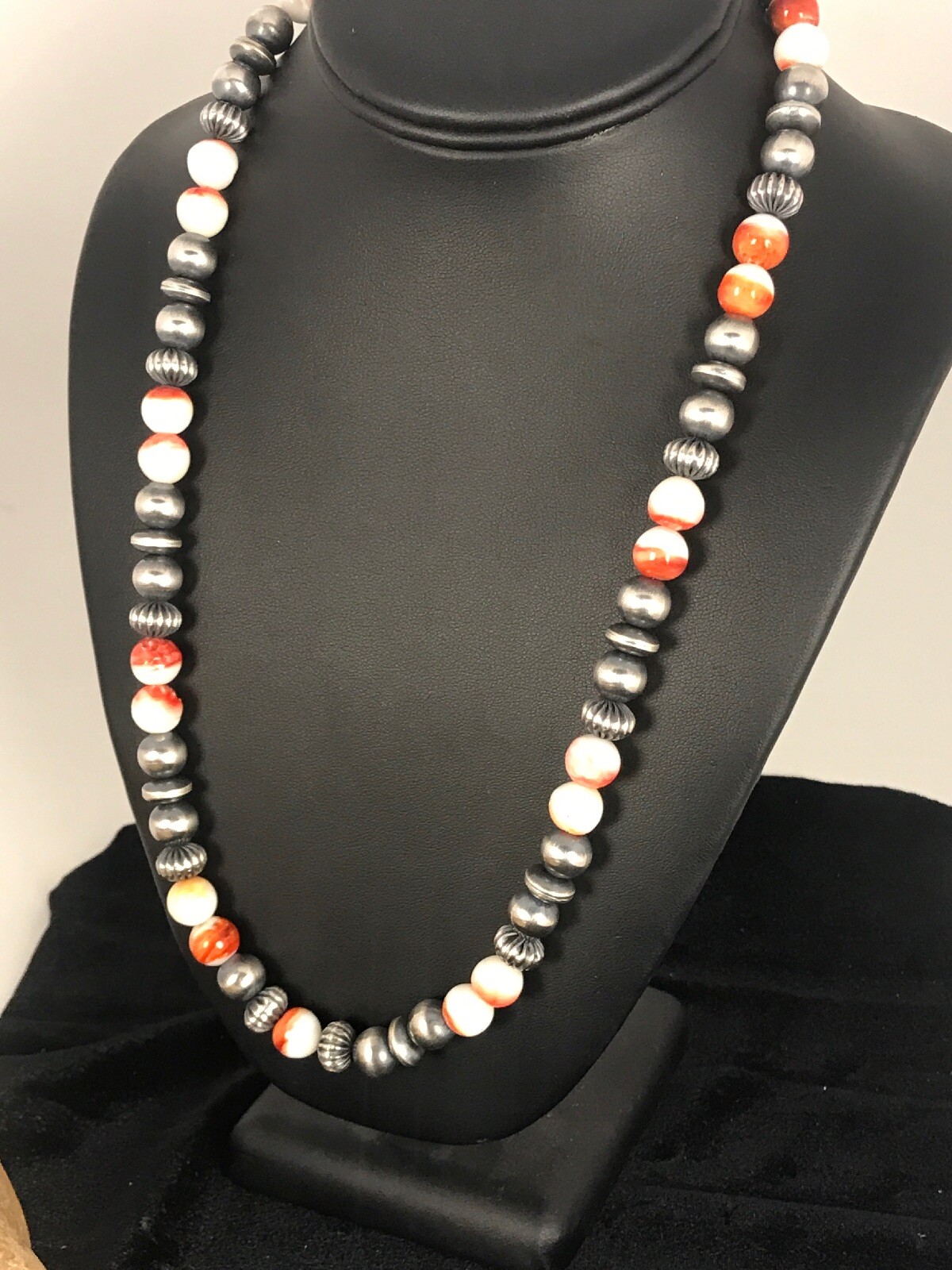 Pre-owned Handmade Spiny Oyster Navajo Sterling Silver Beads Necklace 21” 8533 In Orange