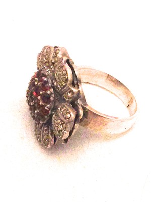 Vintage Art Deco Sterling Silver Flower Ring Marcasites Garnets Size 7.5