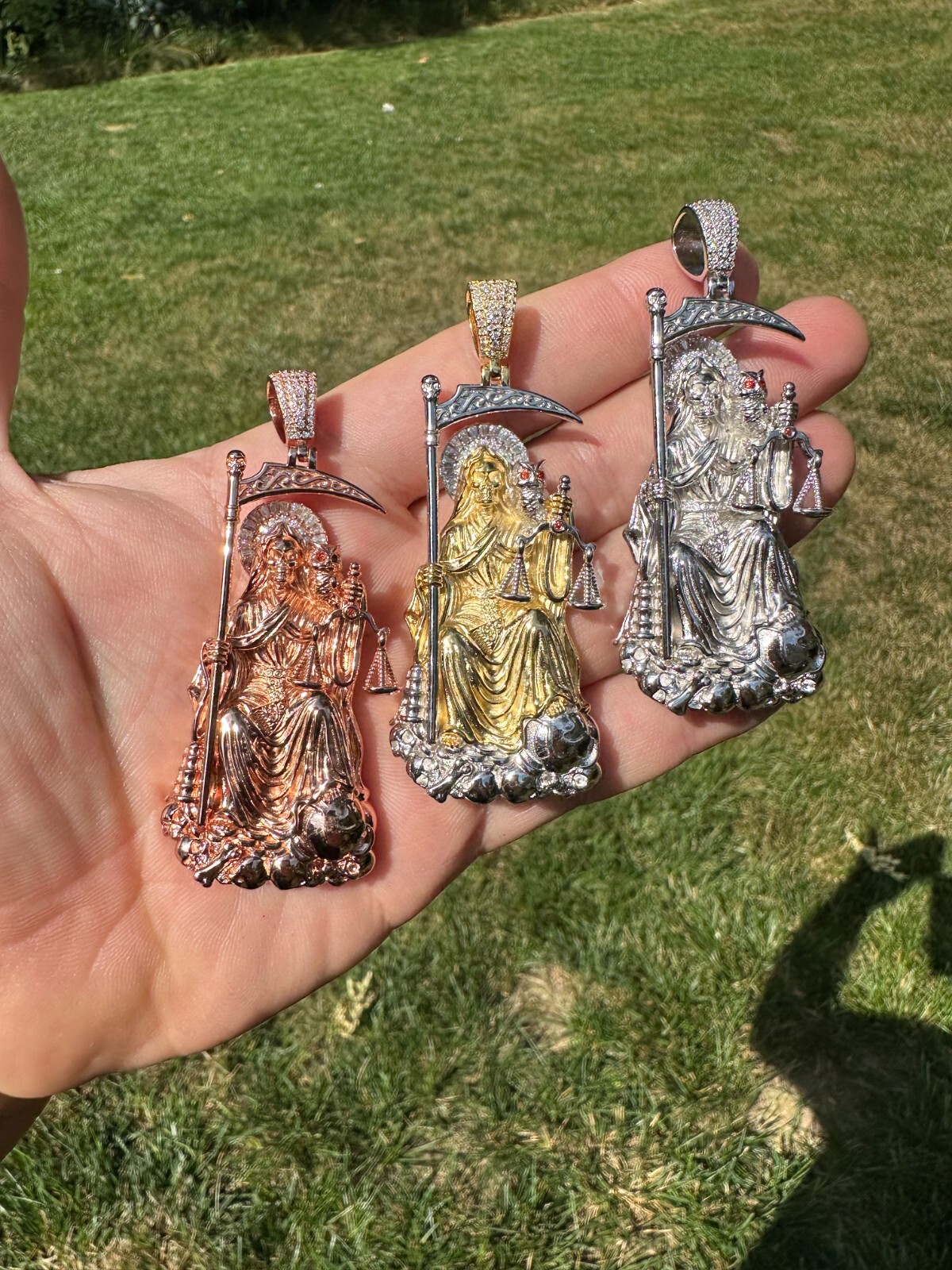 Pre-owned Harlembling Moissanite Santa Muerte Grim Reaper Pendant 925 Silver / 14k Gold Rose Necklace In White