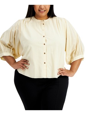 

CALVIN KLEIN Женская бежевая блуза на пуговицах спереди с закругленным краем и рукавами 3/4 Plus, Бежевый