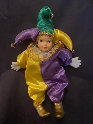 Mardi Gras Jester Baby Doll 8” Yellow/Purple Porcelain Face, Hands & Feet VTG