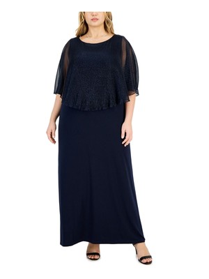 CONNECTED APPAREL Womens Navy Cape Overlay Pull-over Maxi Shift Dress Plus 18W