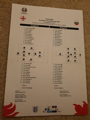 England v Bulgaria - Euro 2020 Qualifier Team Sheet 7 September 2019 Mint