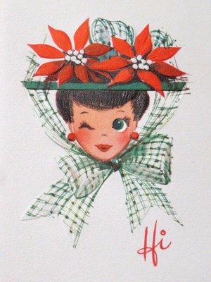 Vintage Christmas Card UNUSED MCM Pretty Winking Lady Fancy Poinsettia Dress Hat