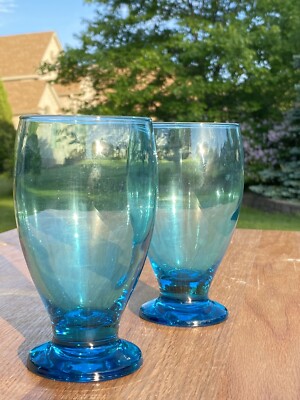 Beautiful Pair of Cristar Electric / Sky Blue Water  Wine Goblet Crystal Glasses