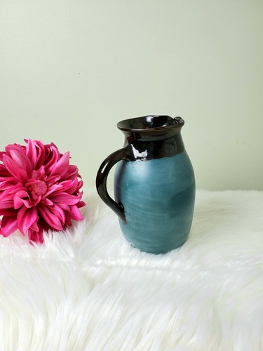 Ceramic Pottery Lip Vase Hand Painted Turquoise And Brown with Handle