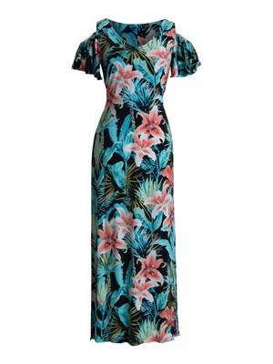 CONNECTED APPAREL Womens Black Stretch Flutter Sleeve V Neck Maxi Sheath Dress 4
