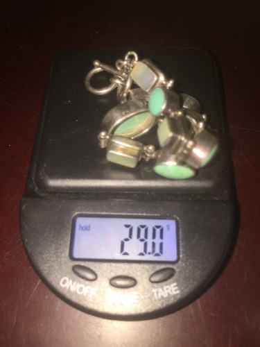 STERLING SILVER MOTHER OF PEARL AND TURQUOISE BRACELET, 7.75”